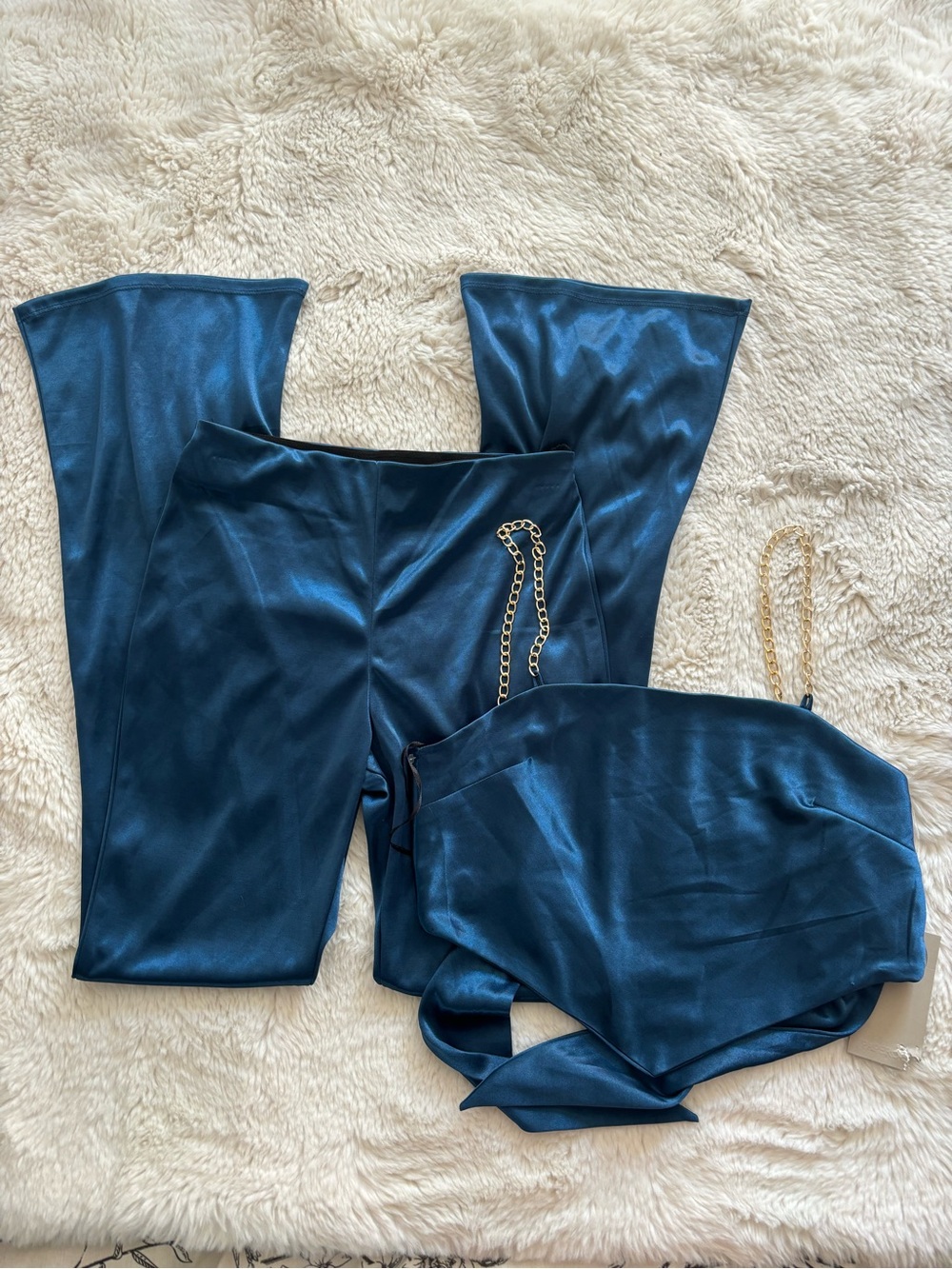 Teal Satin Boot Cut Pants with Chain Detail
